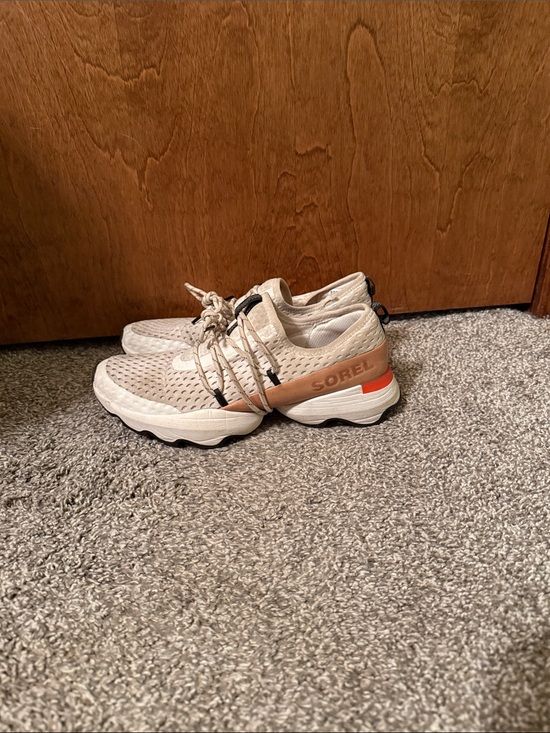 Sorel Shoes - Sorel Women’s White and Tan Mesh Sneakers with Orange Accent